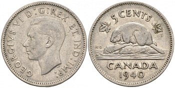 Канада 5 центов 1940 бобр, Георг VI (1937-1952) KM 33 никель 73-1144