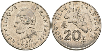 Французская Новая Каледония 20 франков 2009 три быка, (IEOM) KM 12a, Schoen 14a, Lec 115j медно-никель 82-1231