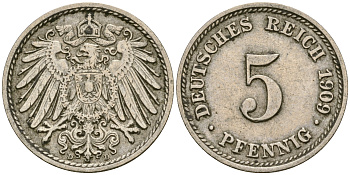Германия 5 пфеннигов 1909 D, KM 11, J. 12 медно-никель 4608-851