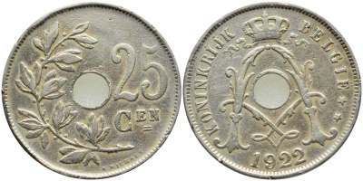 Бельгия 25 сантимов 1922 Belgie, Альберт I (1909-1934) KM 69 медно-никель 86-1017