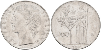Италия 100 лир 1957 R, Афина в доспехах KM 96.1 нержавеющая сталь 81-1243