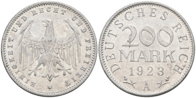 Германия 200 марок 1923 A KM 35, J. 304, Weege 22 алюминий UNC 4586-245