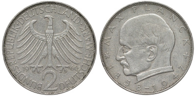 ФРГ 2 марки 1960 J, Макс Планк KM 116, J. 392 медно-никель плакированный никелем 4681-711