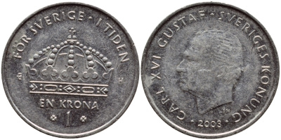 Швеция 1 крона 2003 Карл XVI Густав (1973- ) KM 894 медно-никель 4380-635