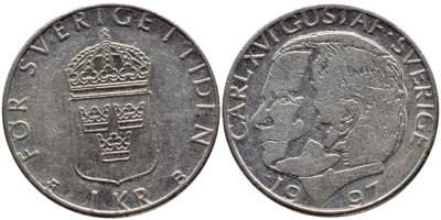 Швеция 1 крона 1997 Карл XVI Густав (1973- ) KM 852a медно-никель 4382-1222