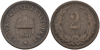 Венгрия 2 филлера 1901 KB, Франц Иосиф I (1848-1916) KM 481 бронза 4151-941
