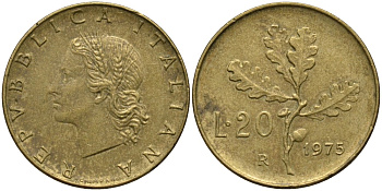Италия 20 лир 1975 R, дубовая ветвь KM 97.2 алюминиевая бронза 4171-923