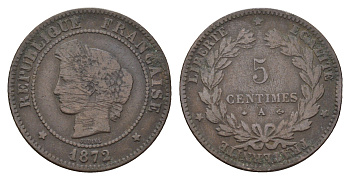Франция 5 сантимов 1872 A, Наполеон III (1852-1870) KM 821.1 бронза 36-1053