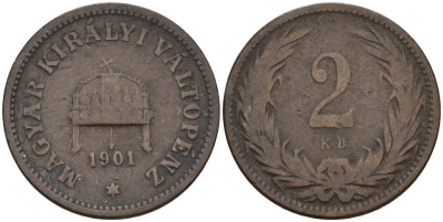 Венгрия 2 филлера 1901 KB, Франц Иосиф I (1848-1916) KM 481 бронза 4151-941