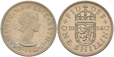 Великобритания 1 шиллинг 1954 Елизавета II (1952-2022), Шотландский герб KM 905, Spink 4148 медно-никель 4591-645