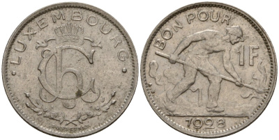 Люксембург 1 франк 1928 сталевар, Шарлотта (1918-1964) KM 35 никель 4603-1053