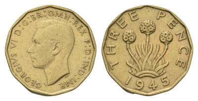 Великобритания 3 пенса 1945 Георг VI (1936-1952) KM 849, Spink 4112 никель латунь 4121-517