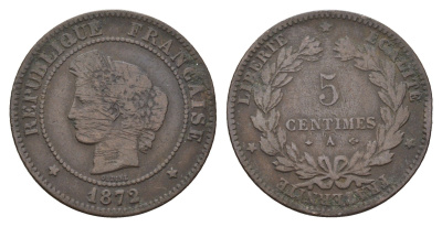 Франция 5 сантимов 1872 A, Наполеон III (1852-1870) KM 821.1 бронза 36-1053