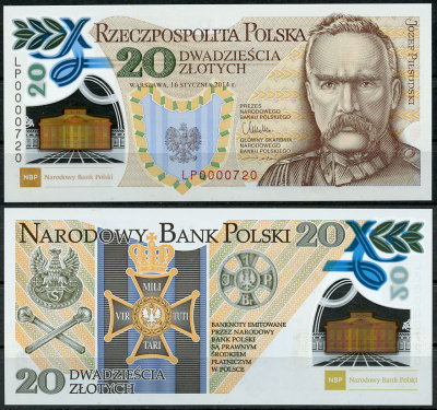 Польша 20 злотых 2014 100 лет польскому легиону,Юзеф Пилсудский, орден белого орла, в оригинальном буклете Pick 187 пластик UNC (пресс)   451-762-1