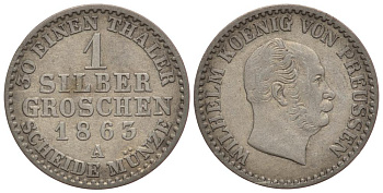 ПРУССИЯ 1 ГРОШ 1863 A KM 485 серебро 1522-1134