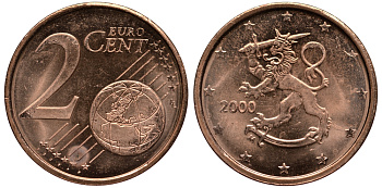 ФИНЛЯНДИЯ 2 ЕВРОЦЕНТА 2000 KM 99 сталь плакированная медью UNC 4181-461