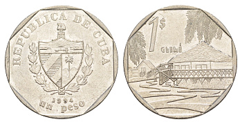 Куба 1 песо 1994 хижины Гуама KM 579 сталь плакированная никелем 4648-1144