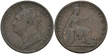 Великобритания 1 фартинг 1822 Георг IV (1820-1830) KM 677, Spink 3822 медь 4146-411