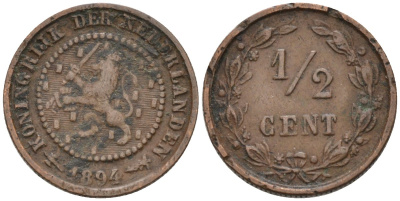 Нидерланды 1/2 цента 1894 Вильгельмина (1890-1948) KM 109 бронза 4576-312