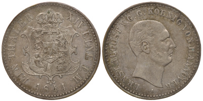 Ганновер 1 талер 1841 A, Эрнст Август (1837-1851) КМ 192, Welter 3136, Thun 160, AKS 102, Jaeger 67, Kahnt 228, Davenport 670 серебро 00-000-00