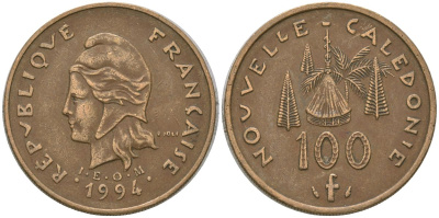 Французская Новая Каледония 100 франков 1994 хижина среди сосен и пальм, (IEOM) KM 15, Schoen 16, Lec 138 никель латунь 4140-832