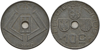 Бельгия 10 сантимов 1946 Belgie - Belgique, Леопольд III (1934-1947), германская оккупация, Вторая мировая война KM 126 цинк 4161-355