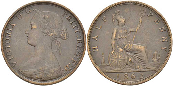 Великобритания 1/2 пенни 1862 Виктория (1837-1901) KM 748.2, Spink 3956 бронза 441-715