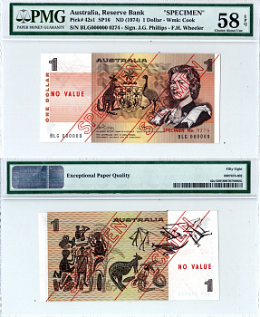 Австралия 1 доллар ND (1974) в холдере компании PMG. Сохранность -58, образец "SPECIMEN" Елизавета II (1952-2022), картины аборигенов Pick 24 s1 бумага 10-3-07