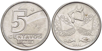 БРАЗИЛИЯ 5 СЕНТАВО 1989 РЕФОРМА 1989-1990 KM 612 нержавеющая сталь 105-557