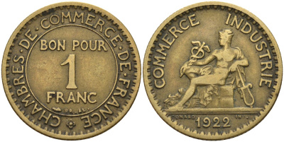 Франция 1 франк 1922 KM 876, Le Franc 218.5 алюминиевая бронза 4142-644