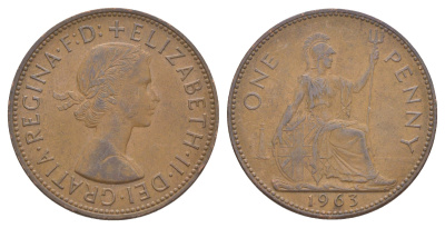 Великобритания 1 пенни 1963 Елизавета II (1952-2022) KM 897, Spink 4157 бронза 4379-111