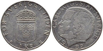 Швеция 1 крона 1982 Карл XVI Густав (1973- ) KM 852a медно-никель 4397-1047
