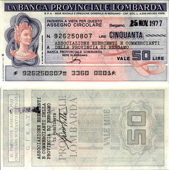 Италия 50 лир 1977 25 ноября 1977 La Banca provinciale lombarda бумага UNC (пресс) 7221-80-3-2