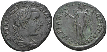 Римская Империя, Провинция Фракия, Адрианополь АЕ 217 - 218 Гордиан III, бюст императора / богиня Нике, 8,19 гр Mouchmov 2700 медь 1073-22-44