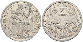 Французская Новая Каледония 2 франка 1989 птица кагу, (IEOM) KM 14, Schoen 11, Lec 65 алюминий    24-826