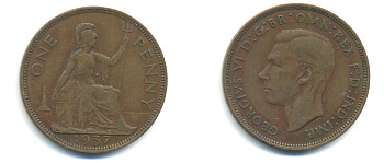 Великобритания 1 пенни 1937 Георг VI (1936-1952) KM 845, Spink 4114 бронза 89-125