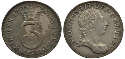 Великобритания 3 пенса 1762 Георг III (1760-1820) KM 591, Spink 3753 серебро 1524-233