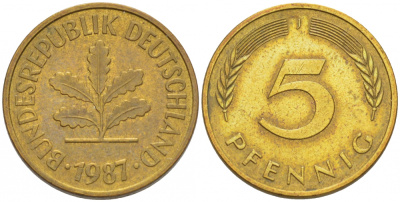 ФРГ 5 ПФЕННИГОВ 1987 J KM 107, J. 382 сталь плакированная латунью 4396-1652