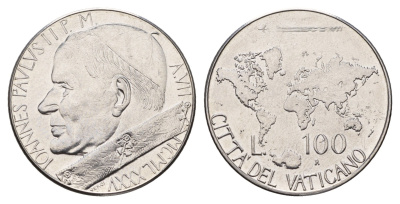 Ватикан 100 лир 1985 MCMLXXXV, Иоанн Павел II KM 188 нержавеющая сталь UNC 54-2227