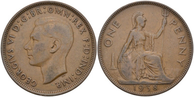 Великобритания 1 пенни 1938 Георг VI (1936-1952) KM 845, Spink 4114 бронза 4117-1224