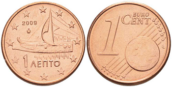 ГРЕЦИЯ 1 ЕВРОЦЕНТ 2009 KM 181 сталь плакированная медью UNC 214-342