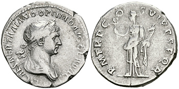 Римская Империя денарий 114 - 117 Траян PM TR P COS VI PP SPQR Фелицитата, персонификация Счастья Рим Very fine RIC 343 серебро 1073-4-1-2