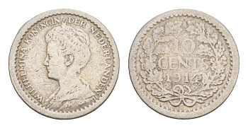 Нидерланды 10 центов 1914 Вильгельмина (1890-1948) KM 145 серебро 4658-767