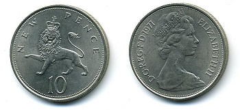 Великобритания 10 пенсов 1971 Елизавета II (1952-2022) KM 912, Spink 4231 (F1) медно-никель  4110-1314