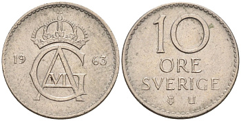 Швеция 10 эре 1963 Густав VI Адольф (1950-1973) KM 835 медно-никель 4585-354