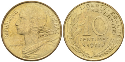 Франция 10 сантимов 1977 тип Марианна KM 929 медь алюминий никель 4594-1164