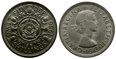 Великобритания 2 шиллинга (флорин) 1966 Елизавета II (1952-2022) KM 906, Spink 4146 медно-никель 4382-645