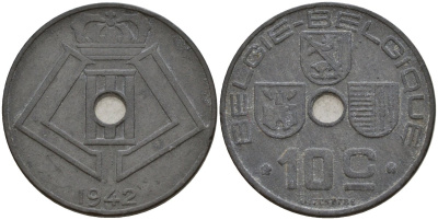 Бельгия 10 сантимов 1942 Belgie - Belgique, Леопольд III (1934-1947), германская оккупация, Вторая мировая война KM 126 цинк 4161-334