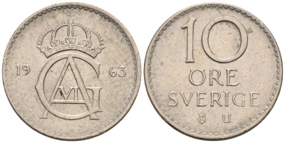Швеция 10 эре 1963 Густав VI Адольф (1950-1973) KM 835 медно-никель 4585-354