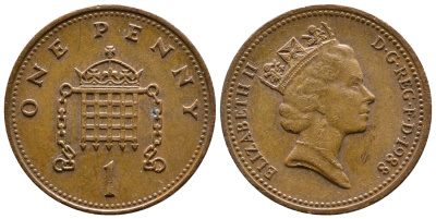 Великобритания 1 пенни 1988 Елизавета II (1952-2022) KM 935, Spink 4381 (B3) бронза 56-1055